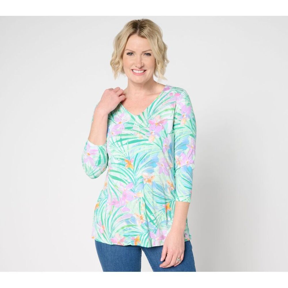 Quacker Factory Women's Top Sz L Fantasia Printed V-Neck Multi-colored